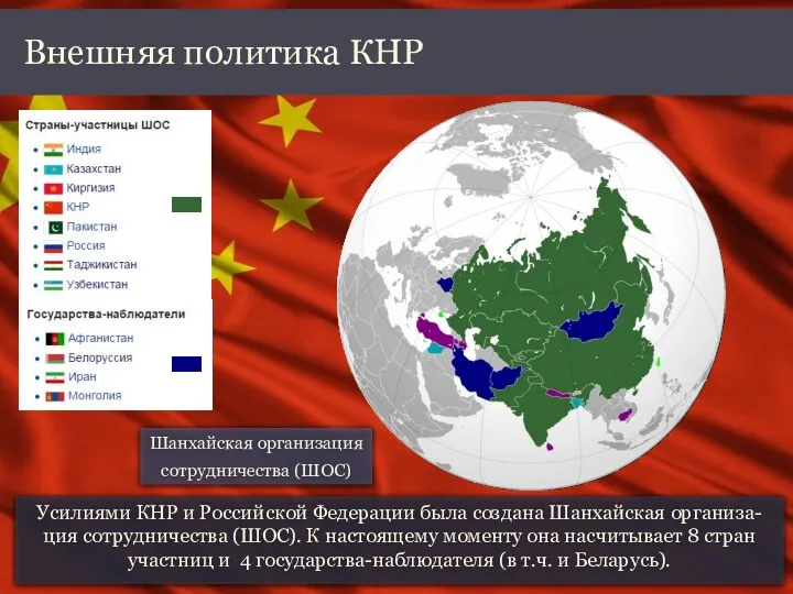 Усилиями КНР и Российской Федерации была создана Шанхайская организа-ция сотрудничества (ШОС). К настоящему