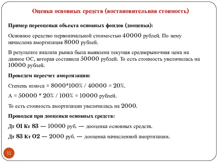 Оценка основных средств (востановительная стоимость) Пример переоценки объекта основных фондов