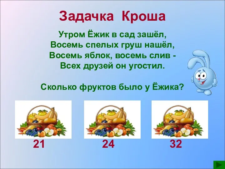 Задачка Кроша Утром Ёжик в сад зашёл, Восемь спелых груш