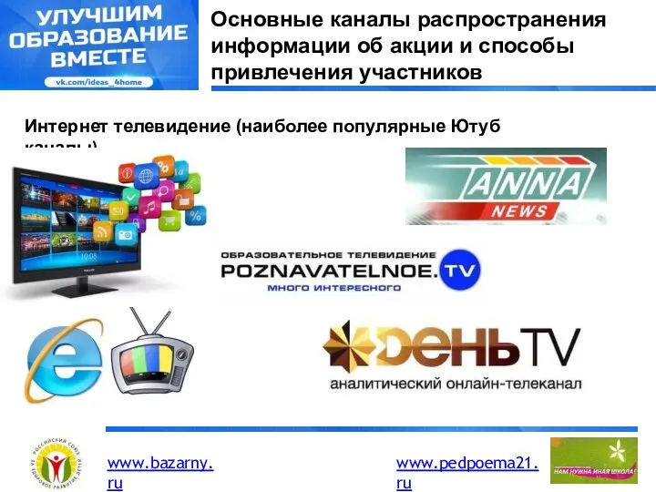 Основные каналы распространения информации об акции и способы привлечения участников Интернет телевидение (наиболее