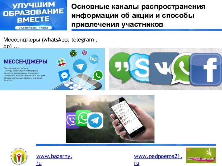 Основные каналы распространения информации об акции и способы привлечения участников Мессенджеры (whatsApp, telegram