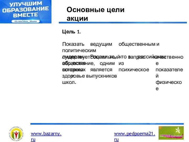 Основные цели акции Цель 1. Показать ведущим общественным и политическим