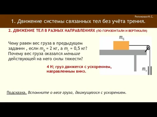 1. Движение системы связанных тел без учёта трения. Рипинская Н.С.