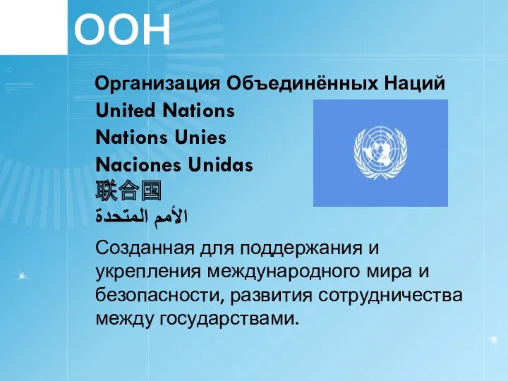 ООН Организация Объединённых Наций United Nations Nations Unies Naciones Unidas