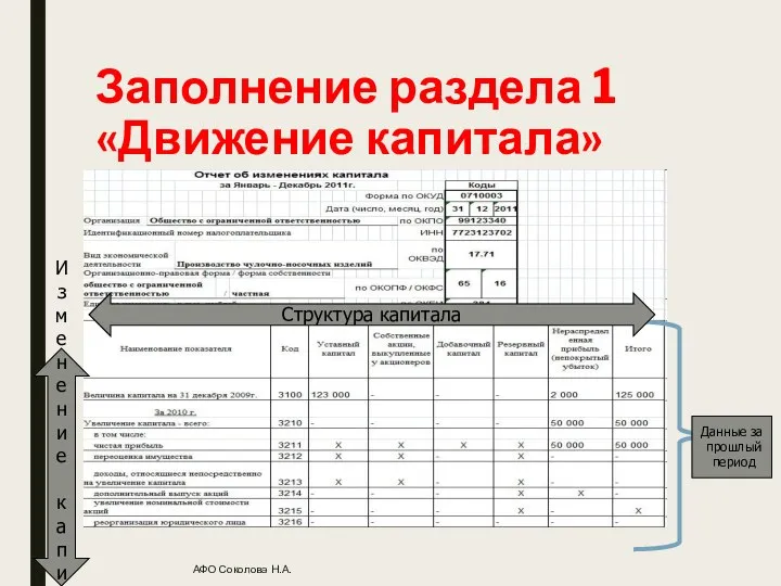 Заполнение раздела 1 «Движение капитала» АФО Соколова Н.А. Данные за прошлый период Структура капитала Изменение капитала