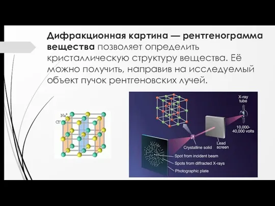 Дифракционная картина — рентгенограмма вещества позволяет определить кристаллическую структуру вещества.