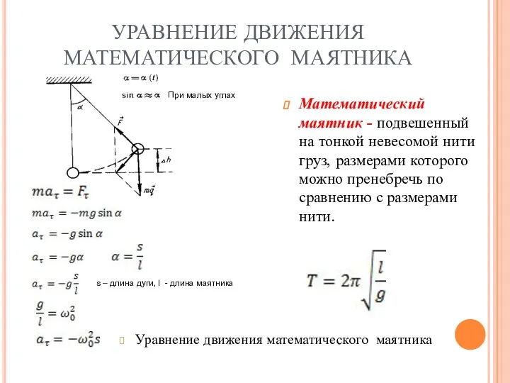 УРАВНЕНИЕ ДВИЖЕНИЯ МАТЕМАТИЧЕСКОГО МАЯТНИКА Уравнение движения математического маятника Математический маятник