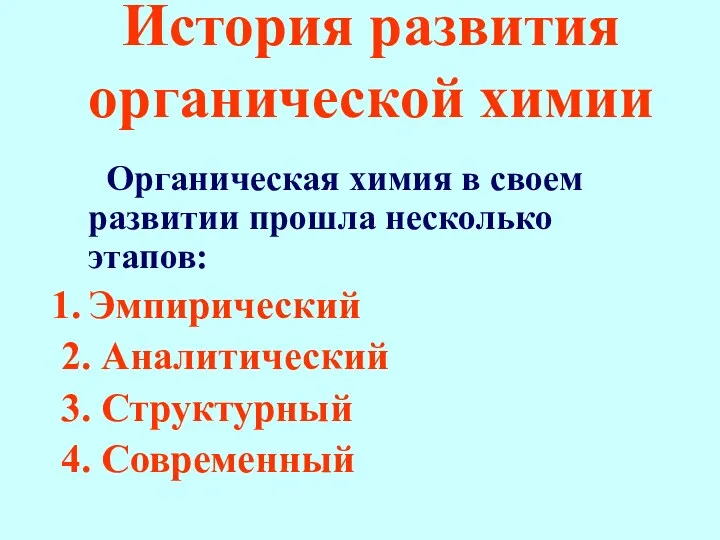 История развития органической химии Органическая химия в своем развитии прошла