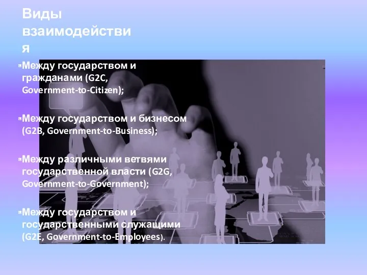 Виды взаимодействия Между государством и гражданами (G2C, Government-to-Citizen); Между государством