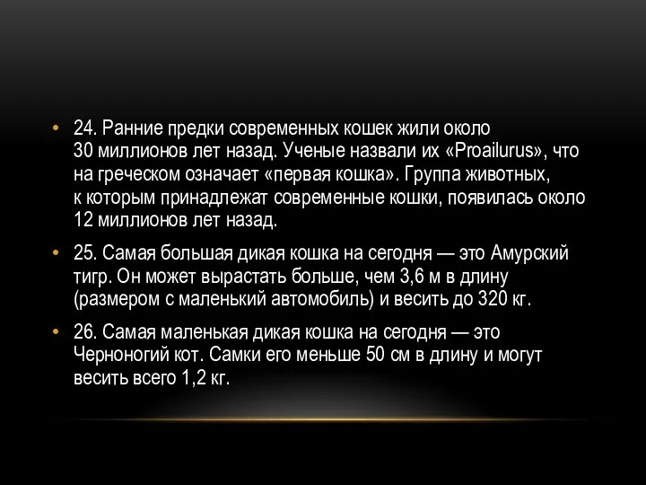 24. Ранние предки современных кошек жили около 30 миллионов лет