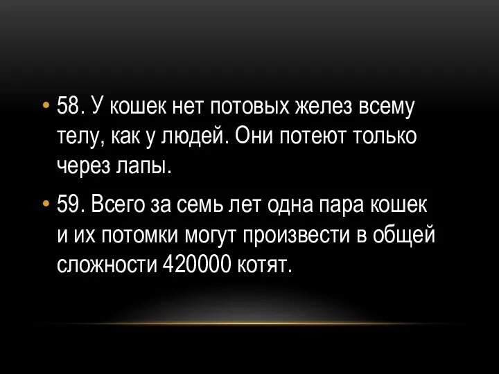 58. У кошек нет потовых желез всему телу, как у