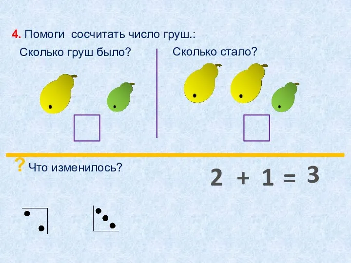 4. Помоги сосчитать число груш.: Сколько груш было? Сколько стало?