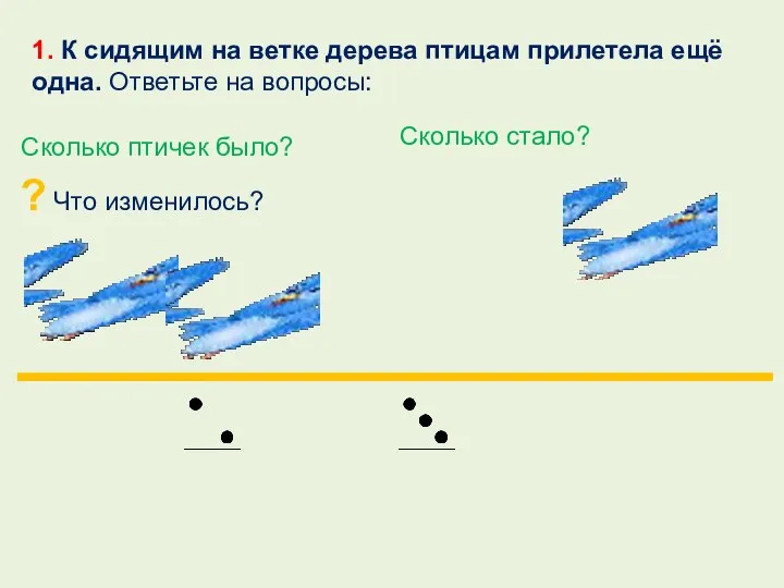 1. К сидящим на ветке дерева птицам прилетела ещё одна.