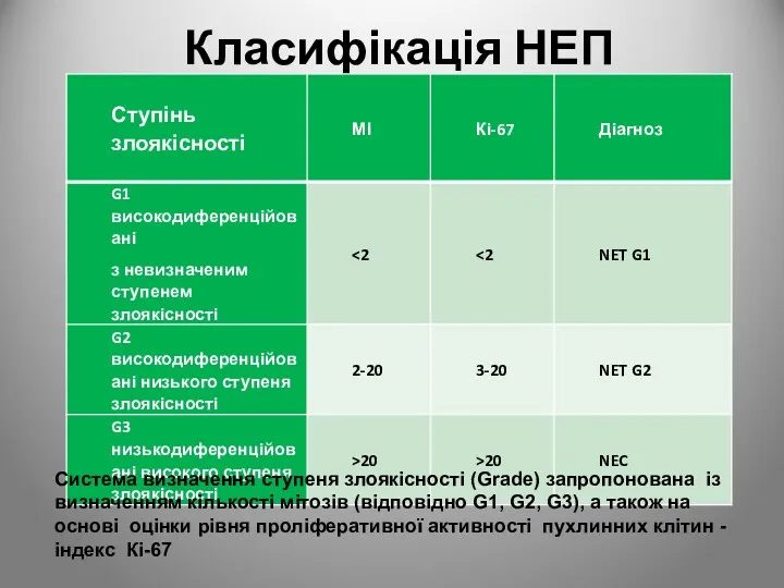 Класифікація НЕП Система визначення ступеня злоякісності (Grade) запропонована із визначенням