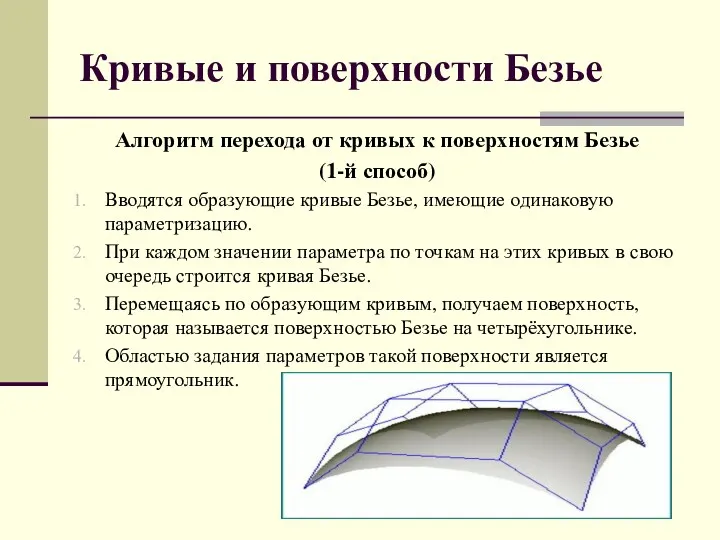 Кривые и поверхности Безье Алгоритм перехода от кривых к поверхностям