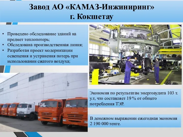 Завод АО «КАМАЗ-Инжиниринг» г. Кокшетау Проведено обследование зданий на предмет