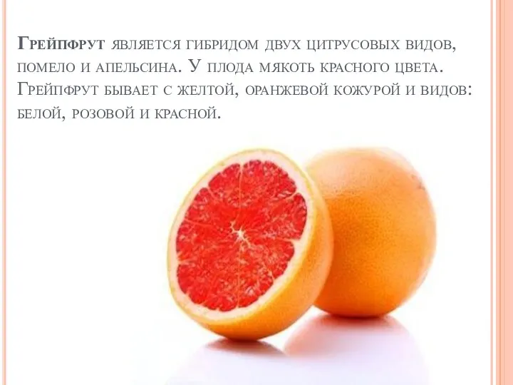 Грейпфрут является гибридом двух цитрусовых видов, помело и апельсина. У плода мякоть красного