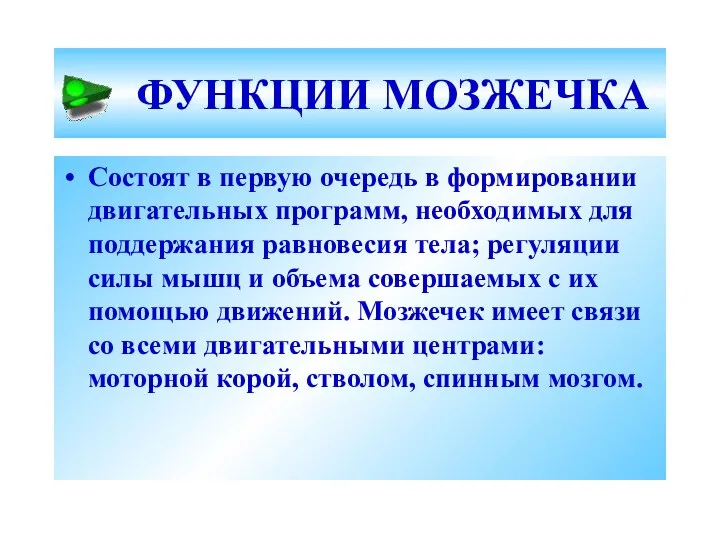 ФУНКЦИИ МОЗЖЕЧКА Состоят в первую очередь в формировании двигательных программ, необходимых для поддержания