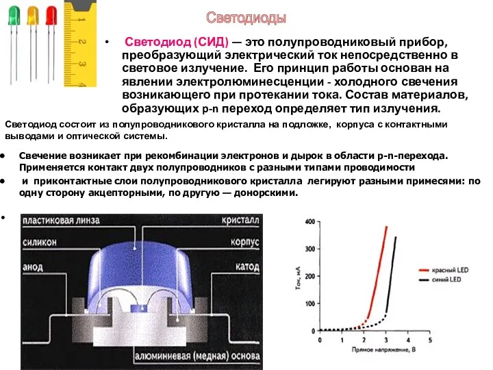 Светодиод (СИД) — это полупроводниковый прибор, преобразующий электрический ток непосредственно