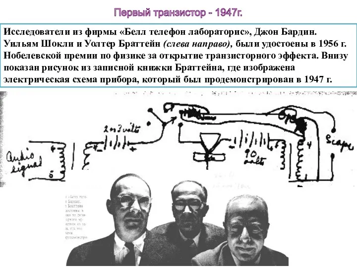 Исследователи из фирмы «Белл телефон лабораторис», Джон Бардин. Уильям Шокли