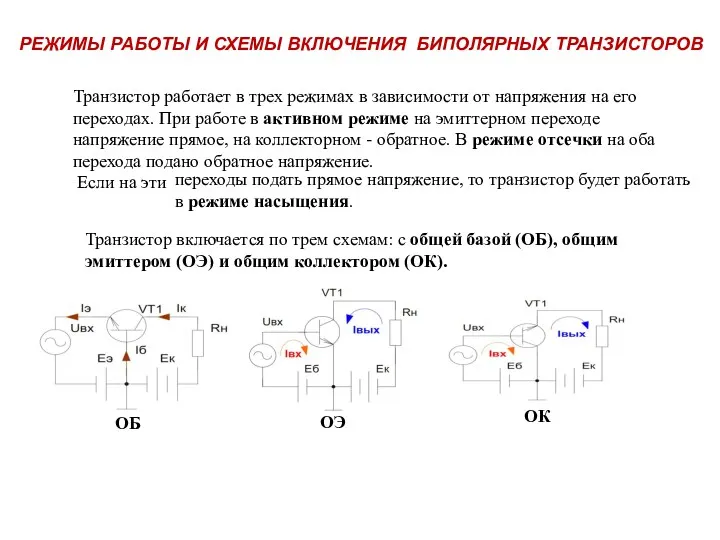 Транзистор работает в трех режимах в зависимости от напряжения на