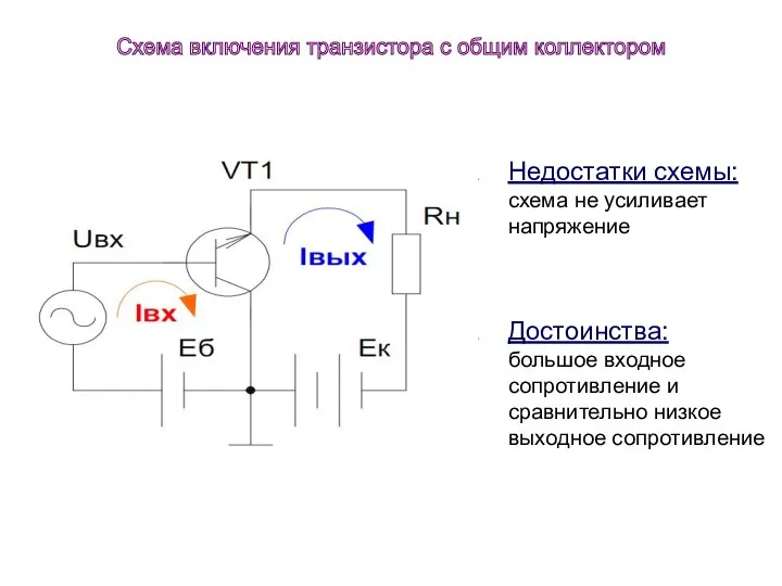 Недостатки схемы: схема не усиливает напряжение Достоинства: большое входное сопротивление