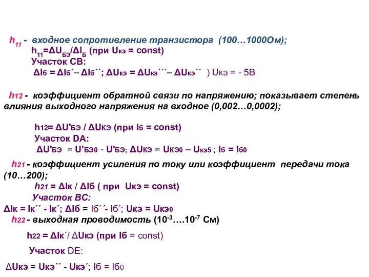 h11=ΔUБЭ/ΔIБ (при Uкэ = const) Участок СВ: ΔIб = ΔIб΄–