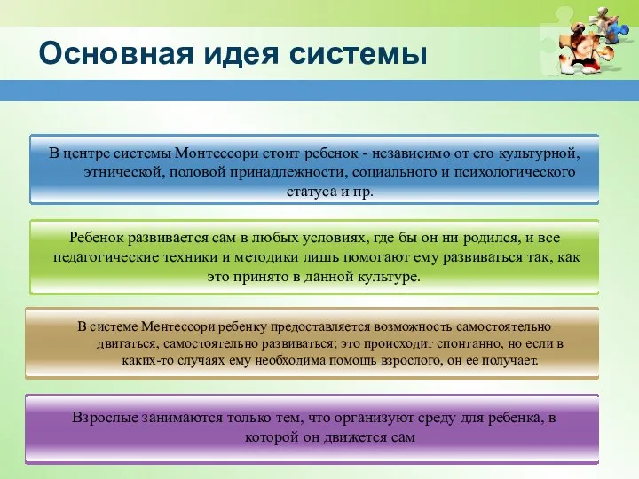 Основная идея системы В центре системы Монтессори стоит ребенок -