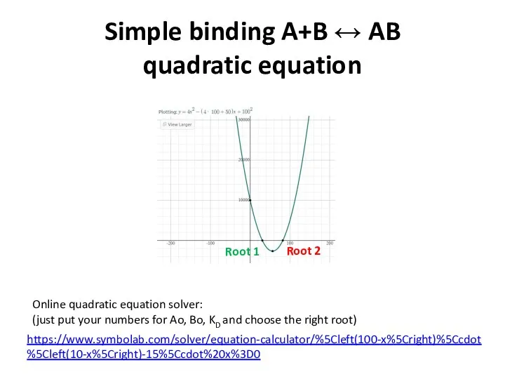 Simple binding A+B ↔ AB quadratic equation https://www.symbolab.com/solver/equation-calculator/%5Cleft(100-x%5Cright)%5Ccdot%5Cleft(10-x%5Cright)-15%5Ccdot%20x%3D0 Online quadratic