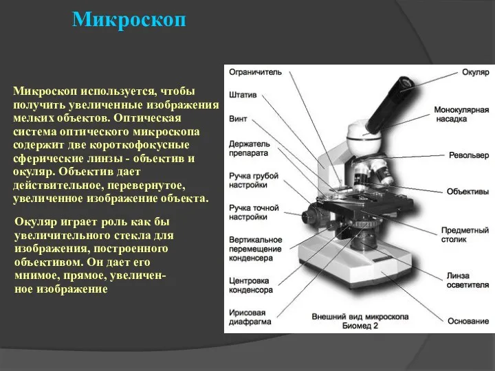 Микроскоп Микроскоп используется, чтобы получить увеличенные изображения мелких объектов. Оптическая система оптического микроскопа