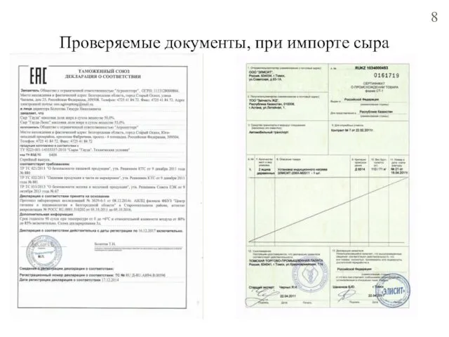 Проверяемые документы, при импорте сыра