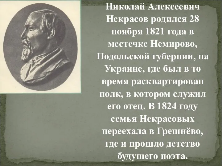 Николай Алексеевич Некрасов родился 28 ноября 1821 года в местечке