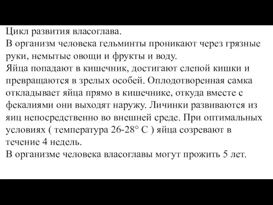 Цикл развития власоглава. В организм человека гельминты проникают через грязные