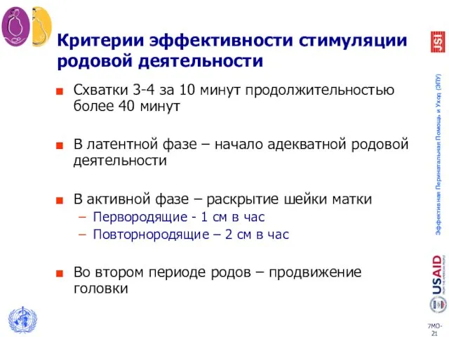 Критерии эффективности стимуляции родовой деятельности Схватки 3-4 за 10 минут