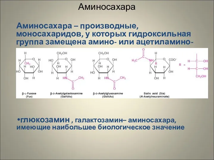 Аминосахара Аминосахара – производные, моносахаридов, у которых гидроксильная группа замещена