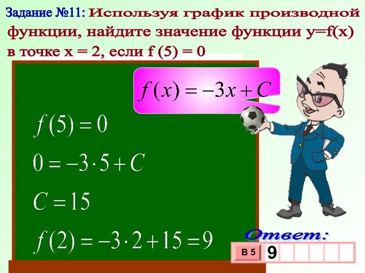 Задание №11: Используя график производной функции, найдите значение функции у=f(x)