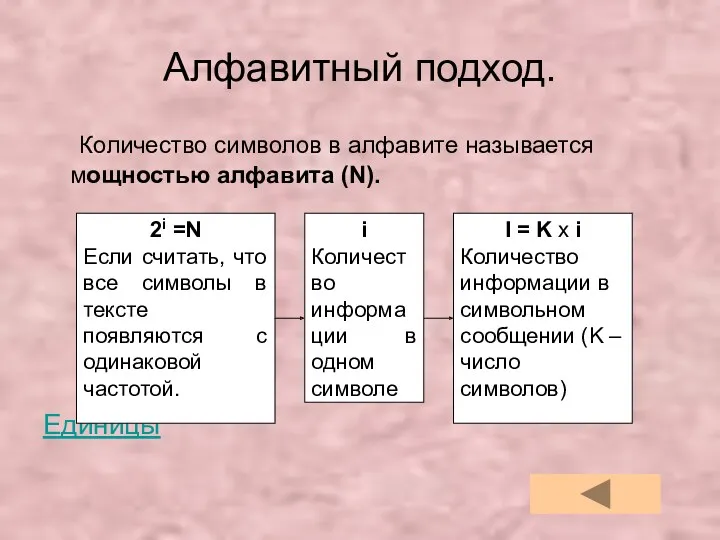 Алфавитный подход. Количество символов в алфавите называется мощностью алфавита (N). Единицы