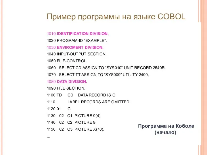 Программа на Коболе (начало) 1010 IDENTIFICATION DIVISION. 1020 PROGRAM-ID “EXAMPLE”.