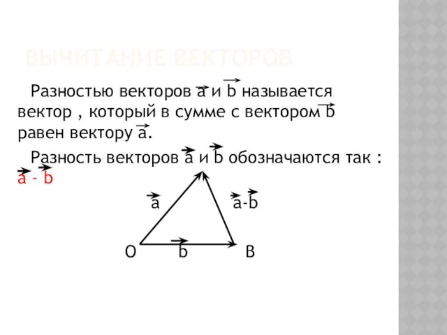 ВЫЧИТАНИЕ ВЕКТОРОВ Разностью векторов a и b называется вектор ,