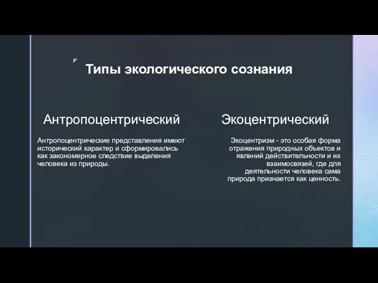 Типы экологического сознания Антропоцентрический Экоцентрический Антропоцентрические представления имеют исторический характер