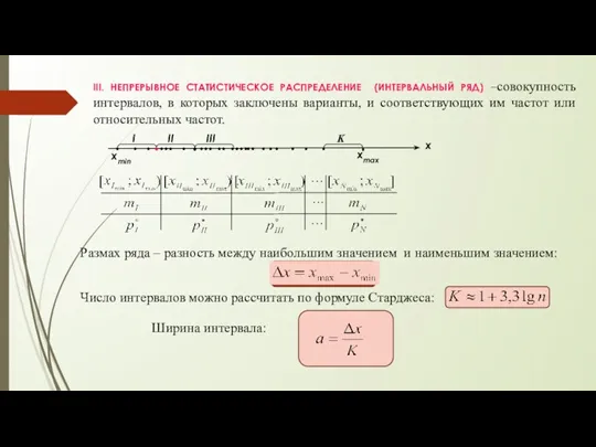 III. НЕПРЕРЫВНОЕ СТАТИСТИЧЕСКОЕ РАСПРЕДЕЛЕНИЕ (ИНТЕРВАЛЬНЫЙ РЯД) –совокупность интервалов, в которых