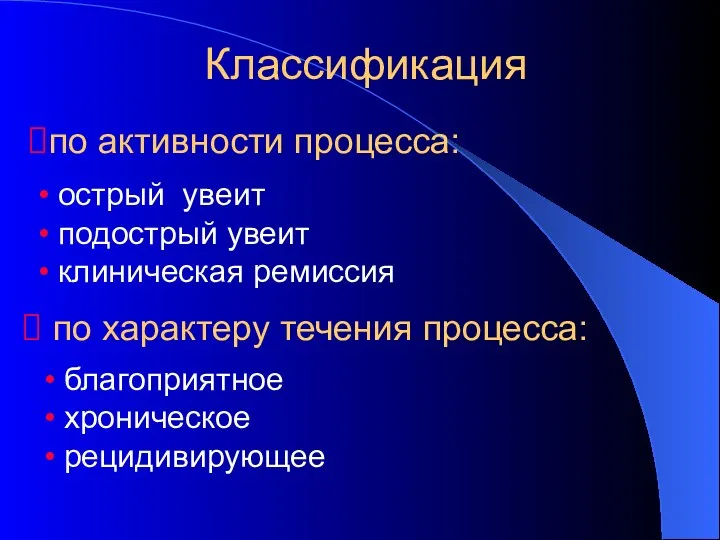 Классификация острый увеит подострый увеит клиническая ремиссия по характеру течения процесса: по активности