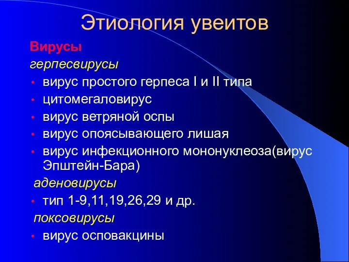 Этиология увеитов Вирусы герпесвирусы вирус простого герпеса I и II типа цитомегаловирус вирус