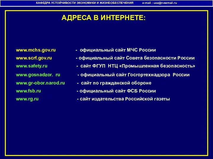 АДРЕСА В ИНТЕРНЕТЕ: КАФЕДРА УСТОЙЧИВОСТИ ЭКОНОМИКИ И ЖИЗНЕОБЕСПЕЧЕНИЯ e-mail :