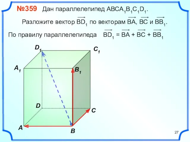 В A С C1 D1 №359 Дан параллелепипед АВСA1B1C1D1. Разложите