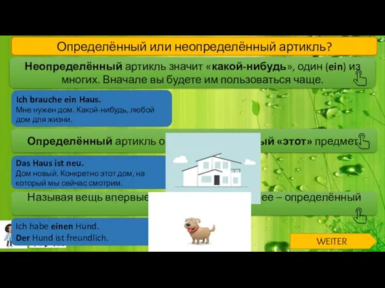 Неопределённый артикль значит «какой-нибудь», один (ein) из многих. Вначале вы