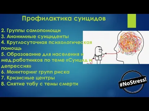 Профилактика суицидов 2. Группы самопомощи 3. Анонимные суициденты 4. Круглосуточная