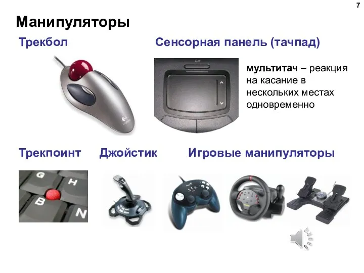 Манипуляторы Трекбол Сенсорная панель (тачпад) Трекпоинт Джойстик Игровые манипуляторы мультитач