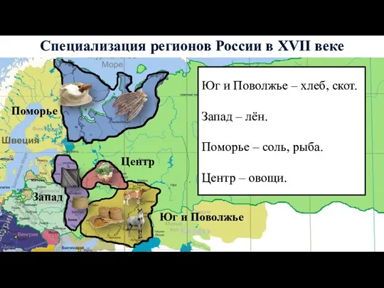 Специализация регионов России в XVII веке Юг и Поволжье Запад