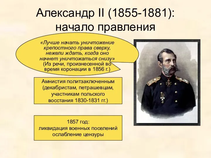Александр II (1855-1881): начало правления «Лучше начать уничтожение крепостного права сверху, нежели ждать,